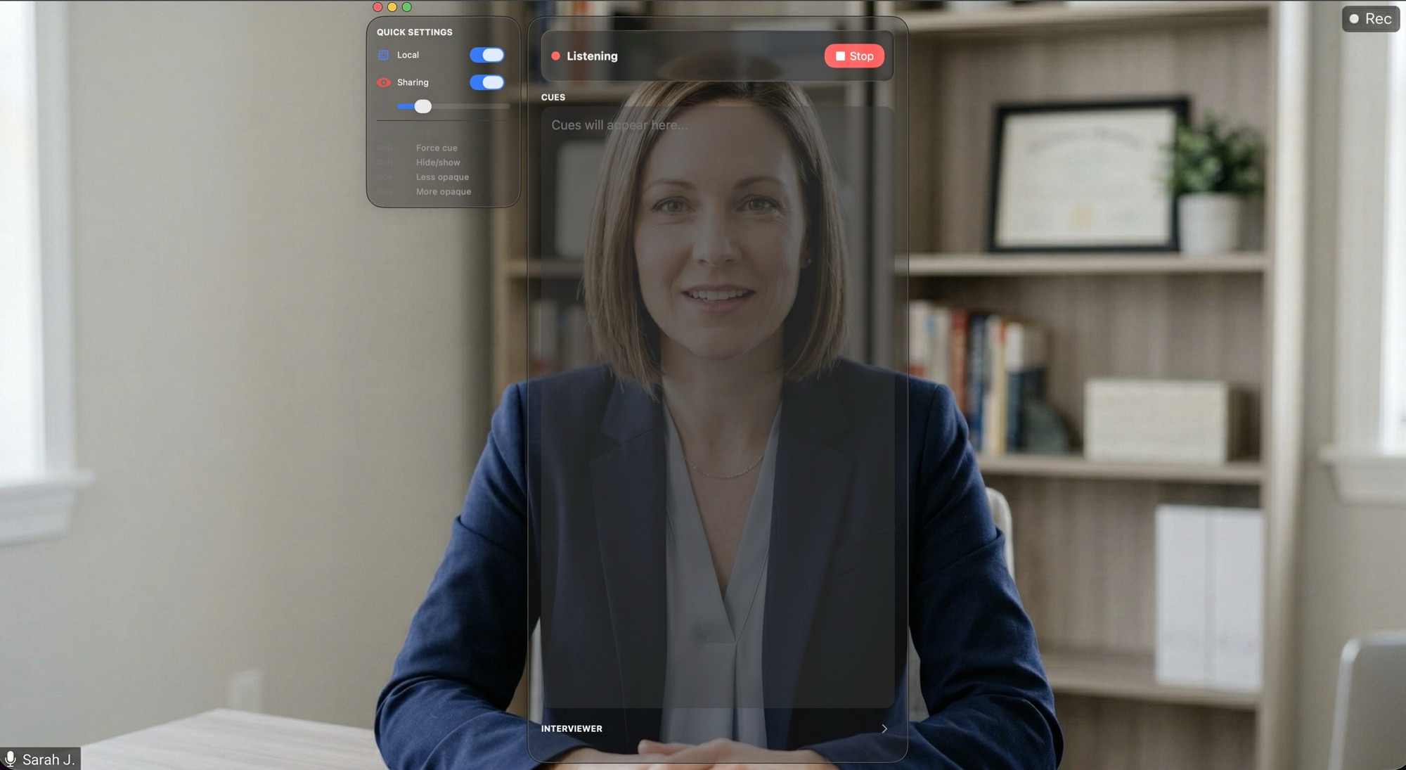 QuickCue overlay providing real-time AI coaching during a video call