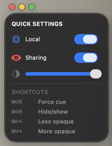 QuickCue Quick Settings panel showing the Sharing toggle